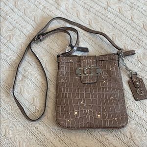 Guess taupe patent crocodile patent purse